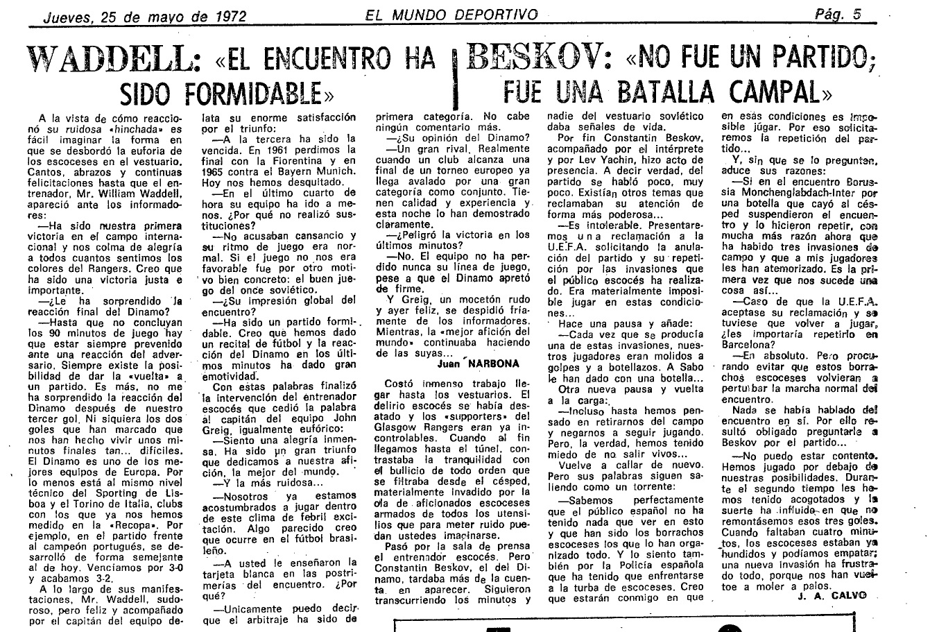 Mundo Deportivo Rangers Dinamo Moscou 1972