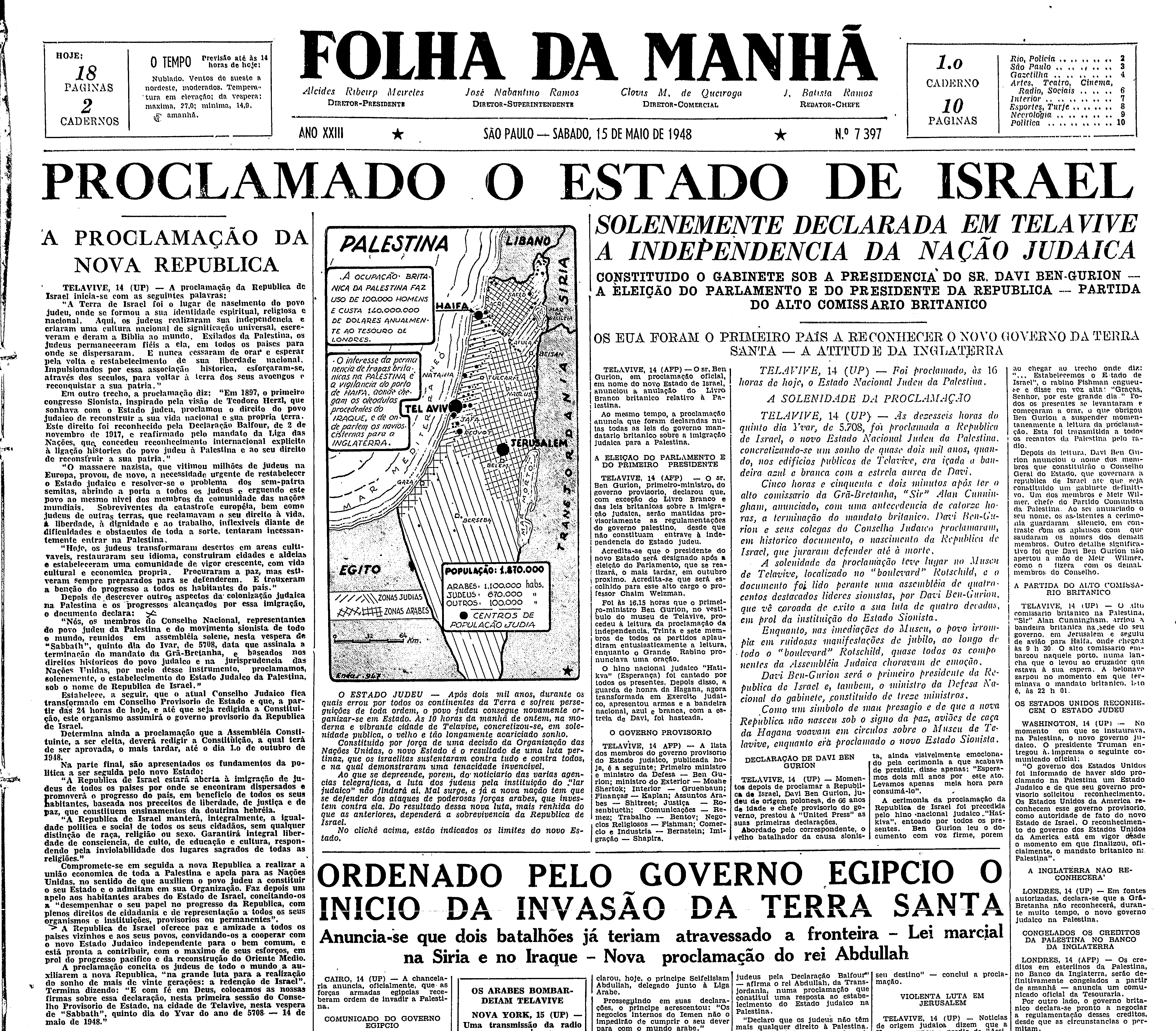 Formação Estado de Israel Folha da Manhã