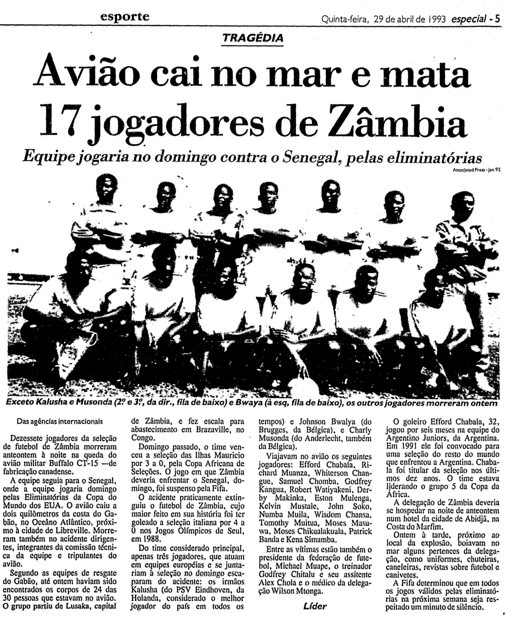 Acidente Aéreo Zâmbia 1993 Folha de São Paulo